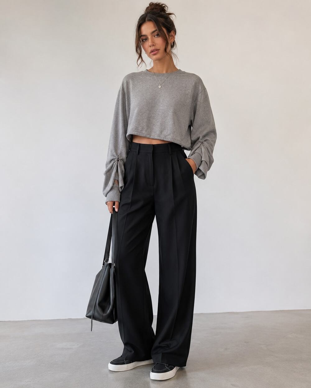 Phillip Lim Sweatshirt Grey Crew Neck Toggle Waist Womens XS Ruched Sleeve Artsy